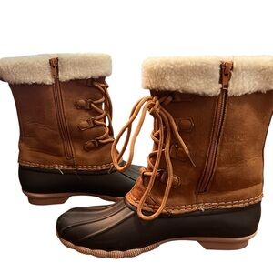 Outwoods 9M classic duck boots Tan and blue Decorative lace up Side Zip fleece